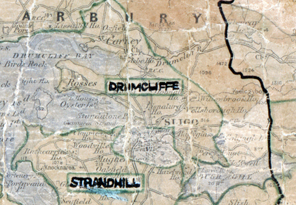 A scanned, worn historical map from the 1940s of the  rural electrification area around  Drumcliffe. A hand‑drawn boundary outlines the region, including Strandhill.