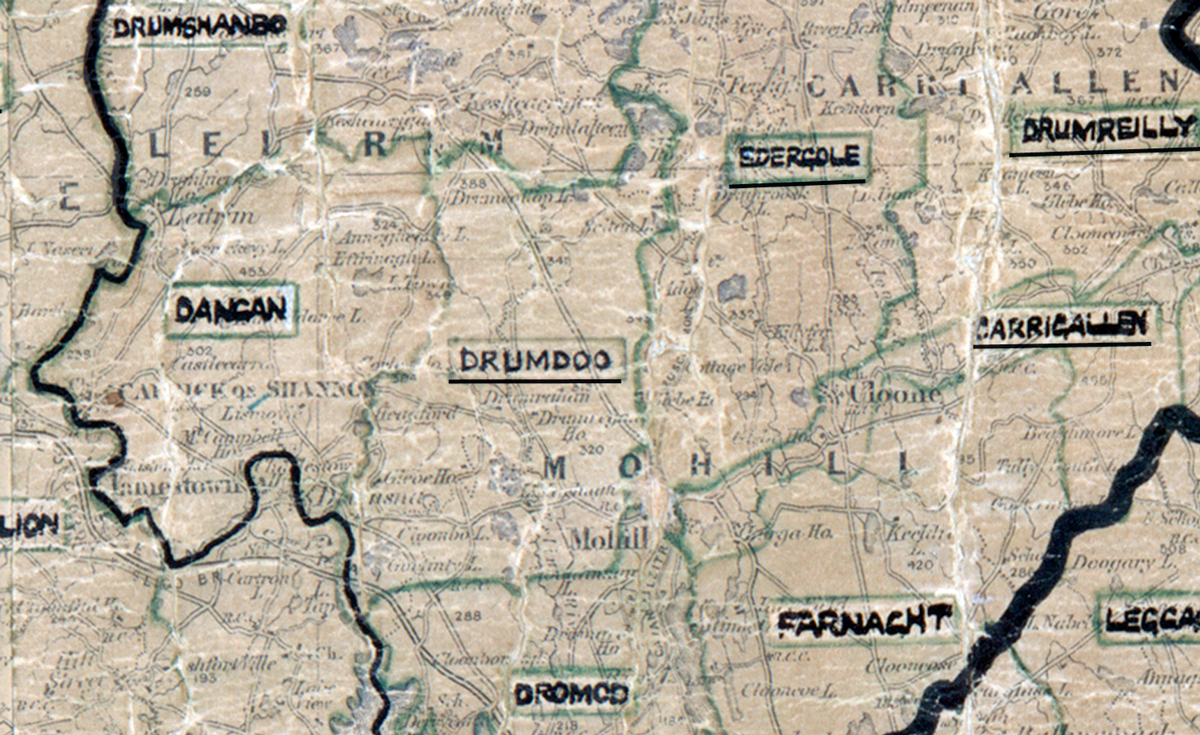 A scanned, worn historical map from the 1940s of the rural electrification area around Drumdoo. A hand‑drawn boundary outlines the region, including Drumshanbo, Dangan, Edenrole, Drumreilly, Carrigallen, Farnacht, Dromod, and Lecale.