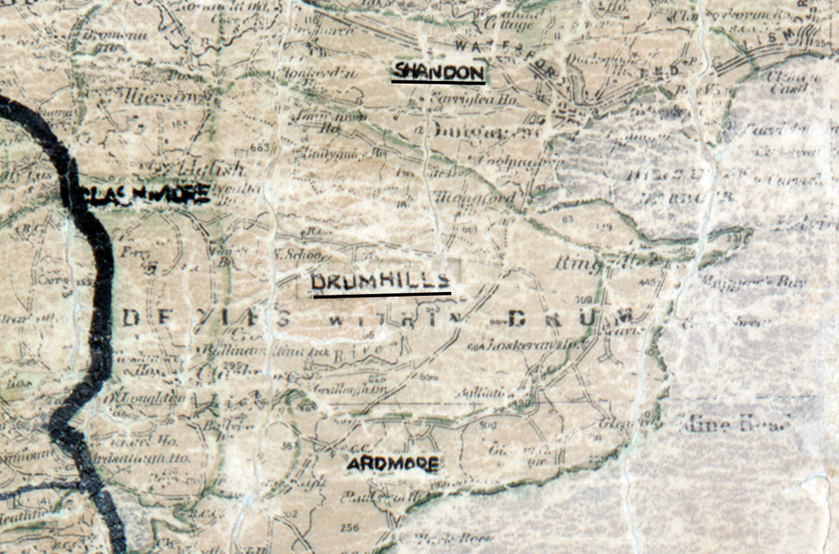 A scanned, worn historical map from the 1940s of the  rural electrification area around Drumhills. A  hand‑drawn boundary outlines the region.