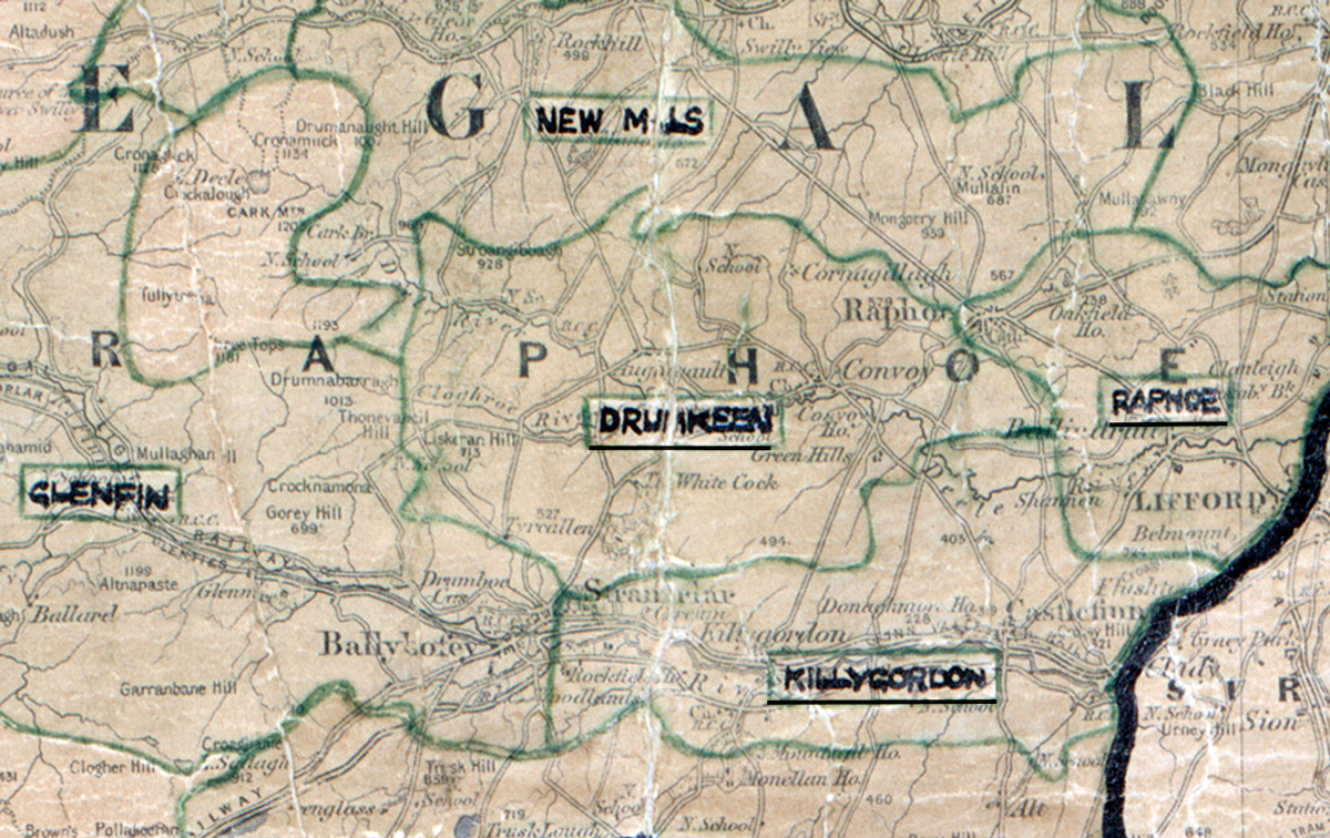A scanned, worn historical map from the 1940s of the rural electrification area around Drumkeen. A hand-drawn boundary outlines the region.