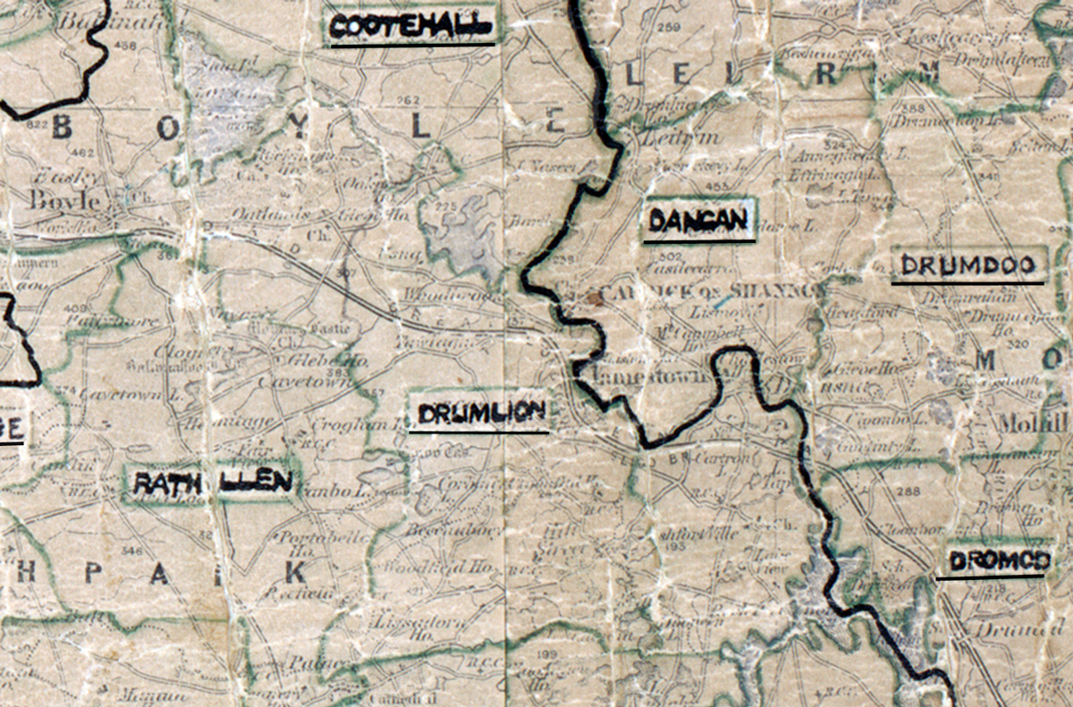 A scanned, worn historical map from the 1940s of the  rural electrification area around  Drumlion. A hand‑drawn boundary outlines the region, including Cootehall, Rathollen, Dancan and Drumdoo.