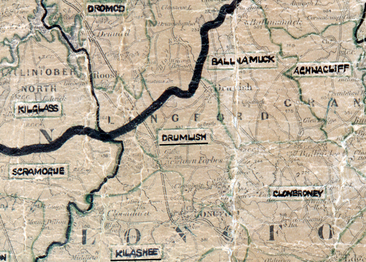 A scanned, worn historical map from the 1940s of the rural electrification area around Drumlish. A hand-drawn boundary outlines the region.