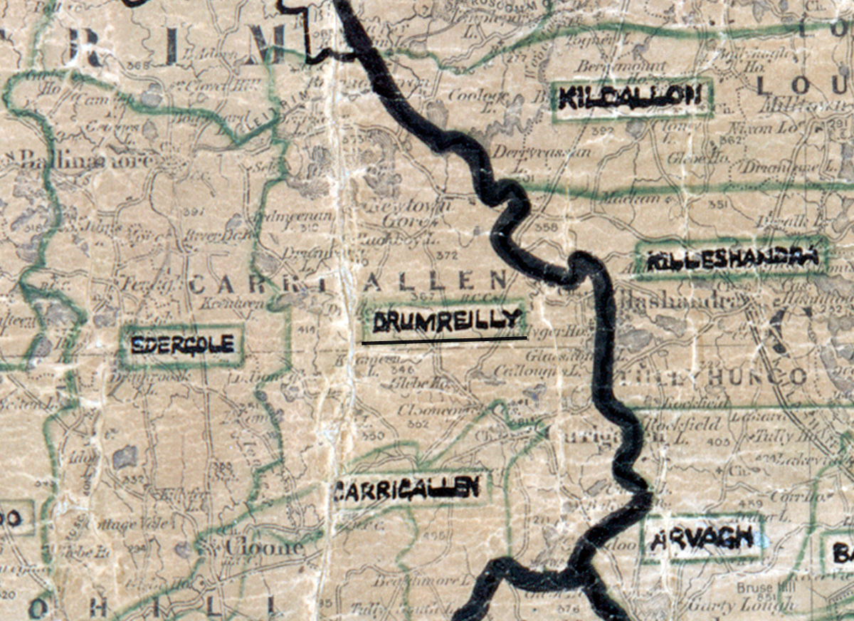 A scanned, worn historical map from the 1940s of the rural electrification area around Drumreilly. A hand‑drawn boundary outlines the region, including Kildallon, Killeshandra, Ederrole, Carrigallen, and Arvagh