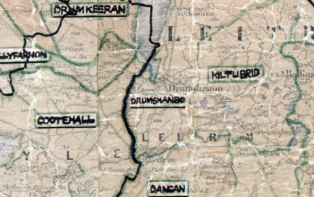 A scanned, worn historical map from the 1940s of the rural electrification area around Drumshanbo. A hand‑drawn boundary outlines the region, including Drumkeeran, Ballyfarnon, Cootehall, Kiltubrid, and Dangan.