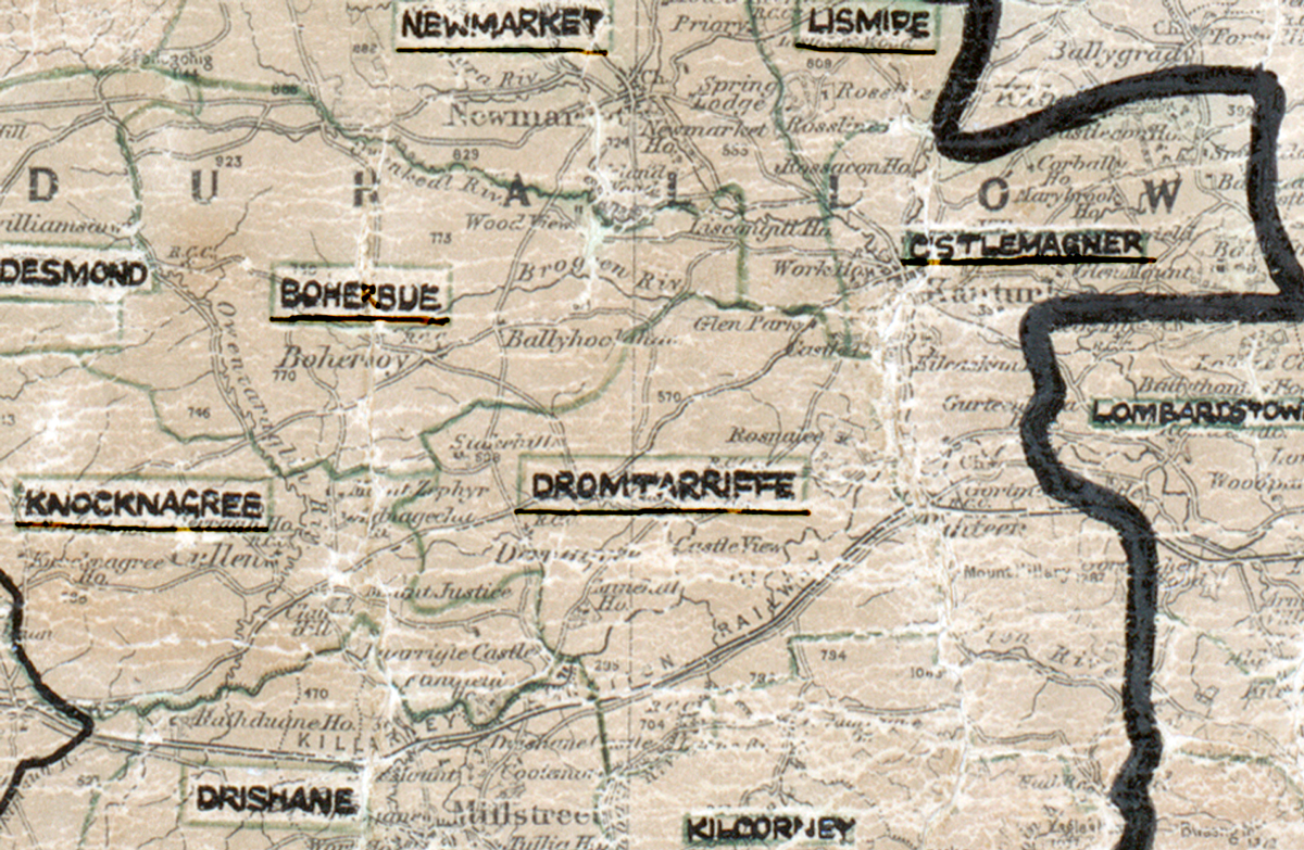 A scanned, worn historical map from the 1940s of the  rural electrification area around Drumtarriffe. A hand‑drawn boundary outlines the region, including Newmarket, Lismire, Boherbue, Knocknagree, Drumtarriffe, Drishane  and Kildorrery.