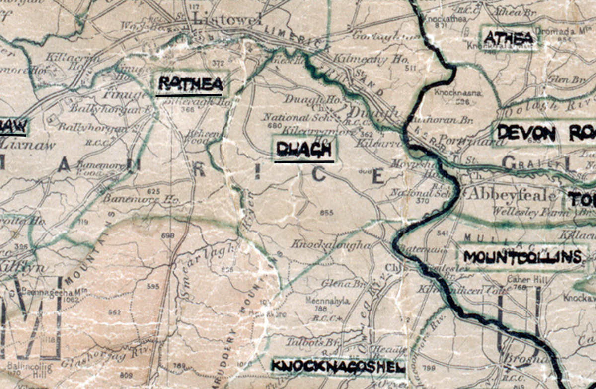 A scanned, worn historical map from the 1940s of the  rural electrification area around   Duagh. A hand‑drawn boundary outlines the region, including Rathea, Athea, Mountcollins and Knocknagoshel.