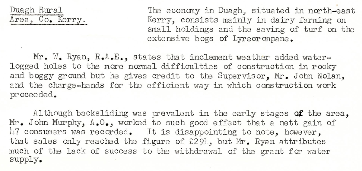 A scanned page from the ESB REO magazine about the Duagh Rural Area.