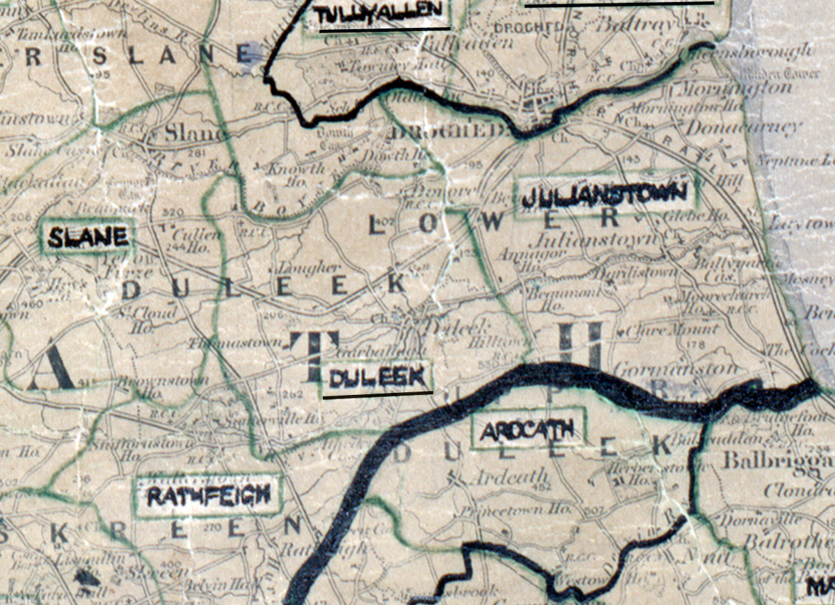 A scanned, worn historical map from the 1940s of the  rural electrification area around Duleek. A hand‑drawn boundary outlines the region, including Slane, Tullyallen, Julianstown, Arocath and Rathfeigh.