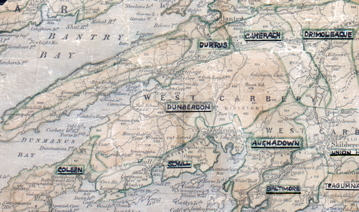 A scanned, worn historical map from the 1940s of the  rural electrification area around Dunbeacon. A hand‑drawn boundary outlines the region, including Durrus, Caheragh, Drimoleague, Coleen, Schull, Aughadown and Baltimore.