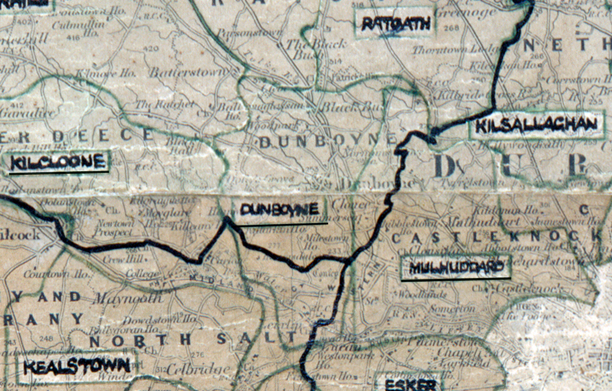A scanned, worn historical map from the 1940s of the  rural electrification area around   Duagh. A hand‑drawn boundary outlines the region, including Ratoath, Kilcloone, Kilsallaghan, Mullinuddard and Kealstown.