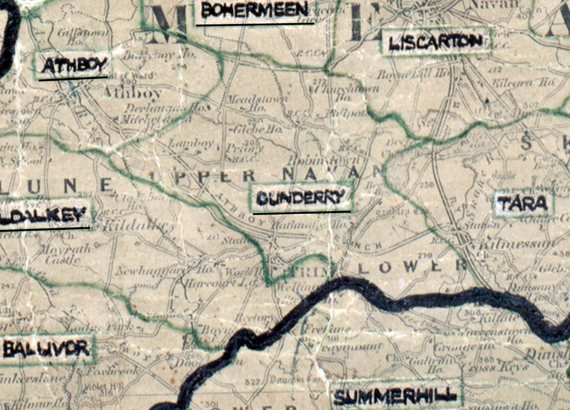 A scanned, worn historical map from the 1940s of the  rural electrification area around Dunderry. A hand‑drawn boundary outlines the region, including Athboy, Bohermeen, Liscarton, Kildalkey, Tara, Ballivor and Summerhill.
