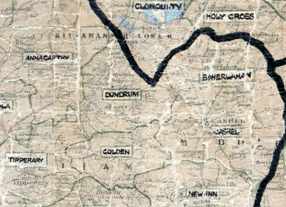 A scanned, worn historical map from the 1940s of the rural electrification area around Dundrum. A hand‑drawn boundary outlines the region, including Clonoulty, Holy Cross, Annacarthy, Bireenham, Cashel, Golden, New Inn, and Tipperary.