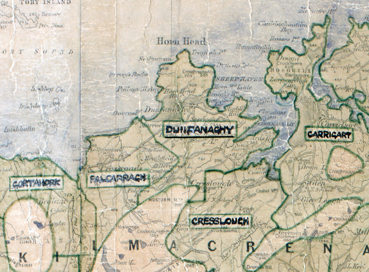 A scanned, worn historical map from the 1940s of the rural electrification area around Dunfanaghy. A hand-drawn boundary outlines the region.