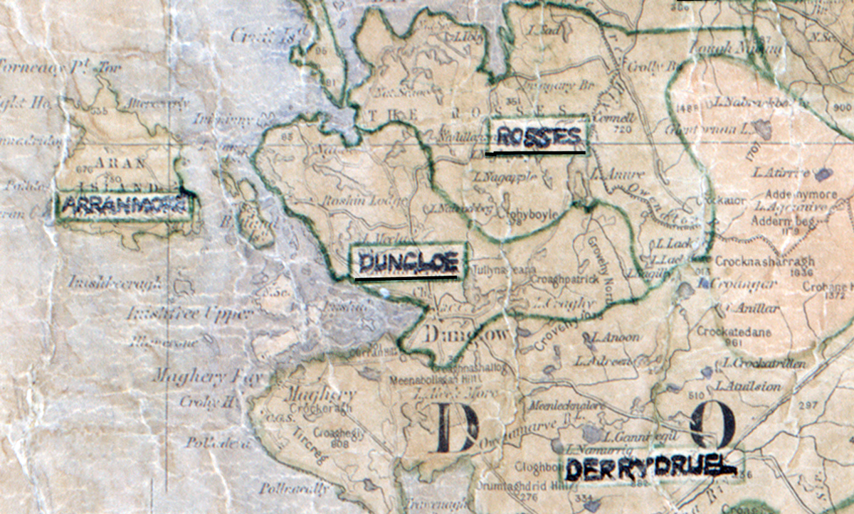 A scanned, worn historical map from the 1940s of the rural electrification area around Dungloe. A hand-drawn boundary outlines the region.