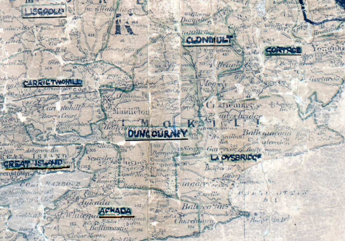 A scanned, worn historical map from the 1940s of the  rural electrification area around Dungourney. A hand‑drawn boundary outlines the region, including Lisgold, Clonmult, Gortroe, Carrigtwohill, Great Island, Ladysbridge and Aghada.