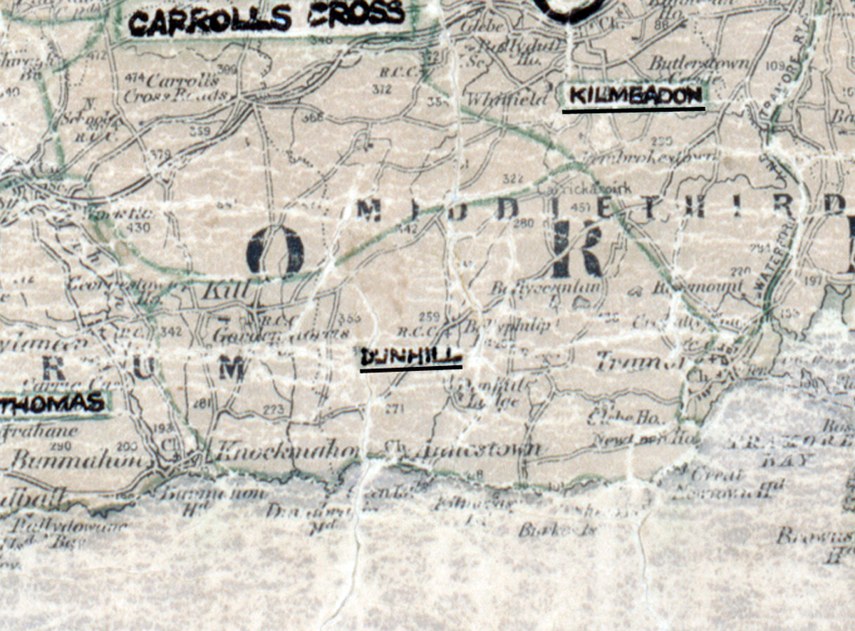 A scanned, worn historical map from the 1940s of the rural electrification area around Dunhill. A hand-drawn boundary outlines the region.
