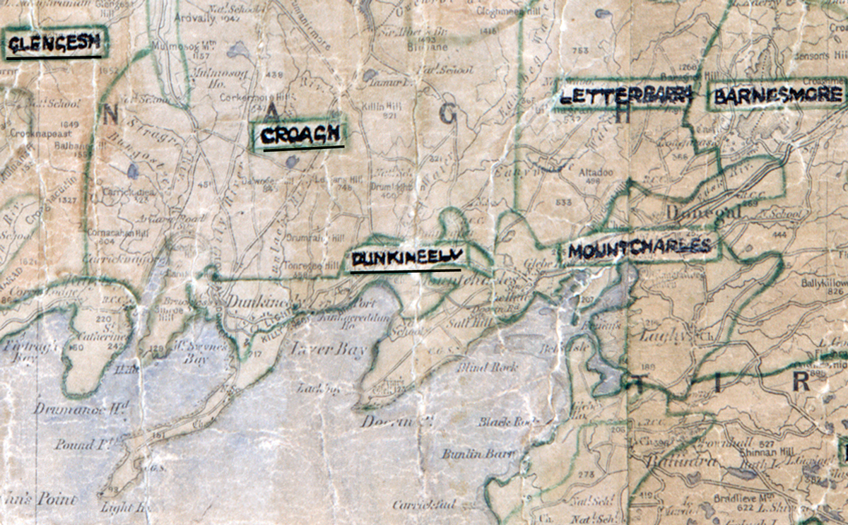 A scanned, worn historical map from the 1940s of the rural electrification area around Dunkineely. A hand-drawn boundary outlines the region.