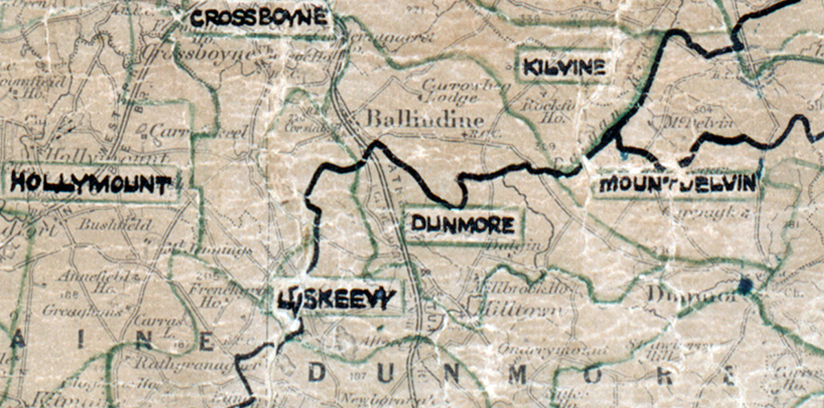 A scanned, worn historical map from the 1940s of the  rural electrification area around Dunmore A  hand‑drawn boundary outlines the region.