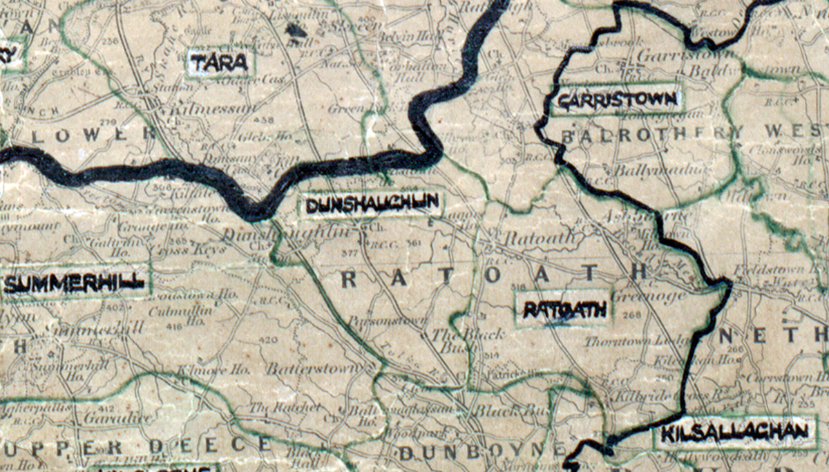 A scanned, worn historical map from the 1940s of the  rural electrification area around Dunshaughlin. A hand‑drawn boundary outlines the region, including Tara, Garristown, Summerhill, Ratoath and Kilsallaghan.