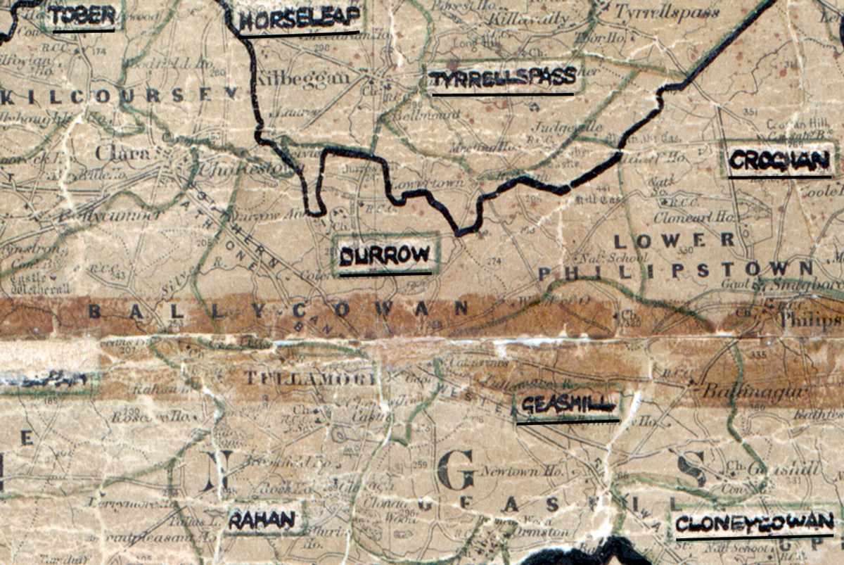 A scanned, worn historical map from the 1940s of the  rural electrification area around Durrow. A  hand‑drawn boundary outlines the region.