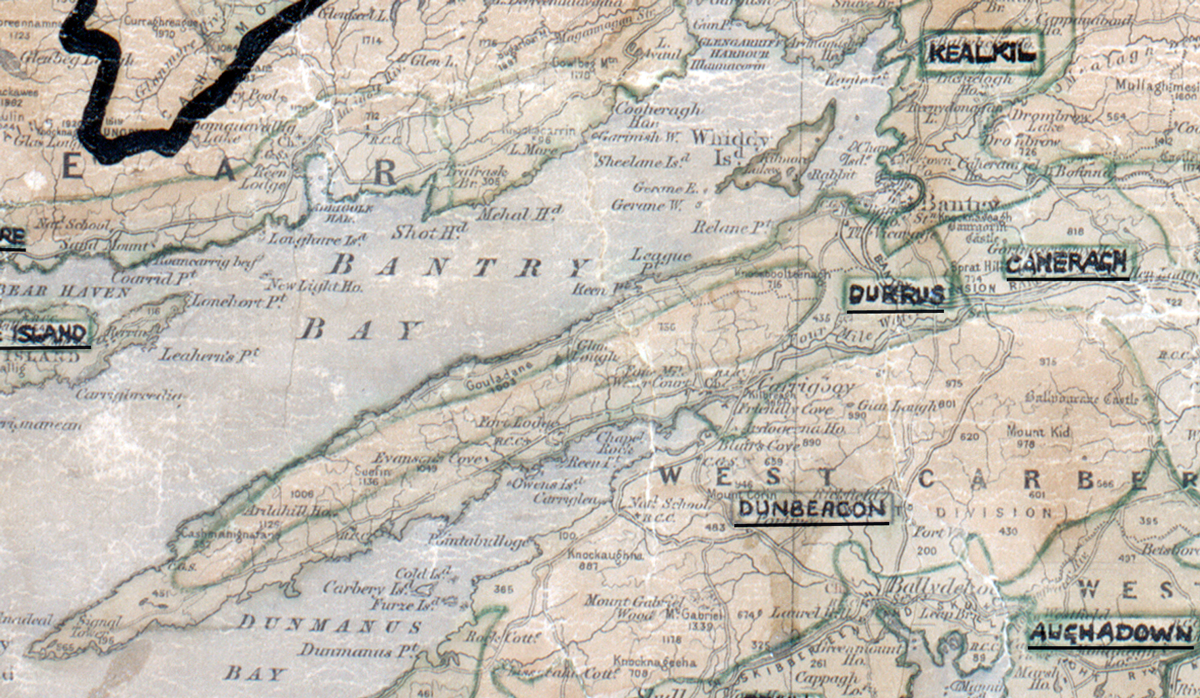 A scanned, worn historical map from the 1940s of the  rural electrification area around Durrus. A hand‑drawn boundary outlines the region, including Kealkil, Camerach, Dunbeacon and Aughadown.