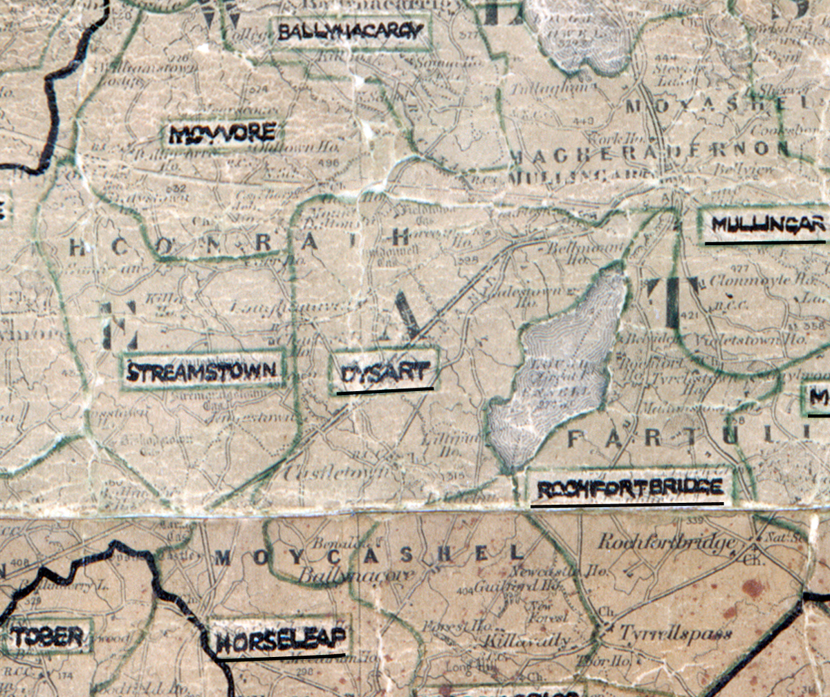 A scanned, worn historical map from the 1940s of the rural electrification area around Dysart. A hand-drawn boundary outlines the region.