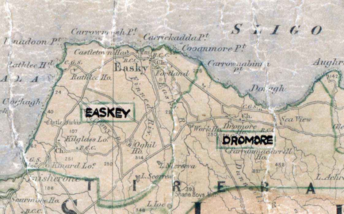 A scanned, worn historical map from the 1940s of the  rural electrification area around   Easkey. A hand‑drawn boundary outlines the region, including Dromore.