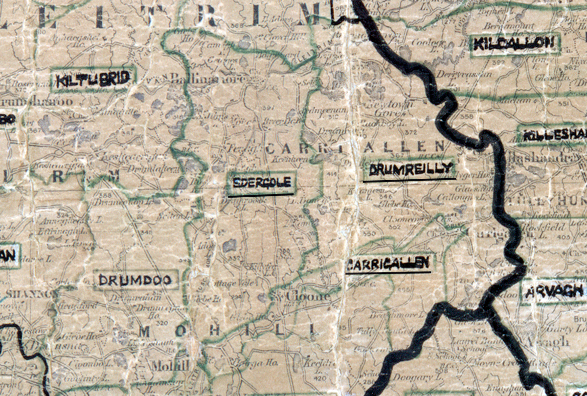 A scanned, worn historical map from the 1940s of the rural electrification area around Edergole. A hand‑drawn boundary outlines the region, including Kiltubrid, Drumreilly, Carrigallen, Kildallon, and Arvagh.