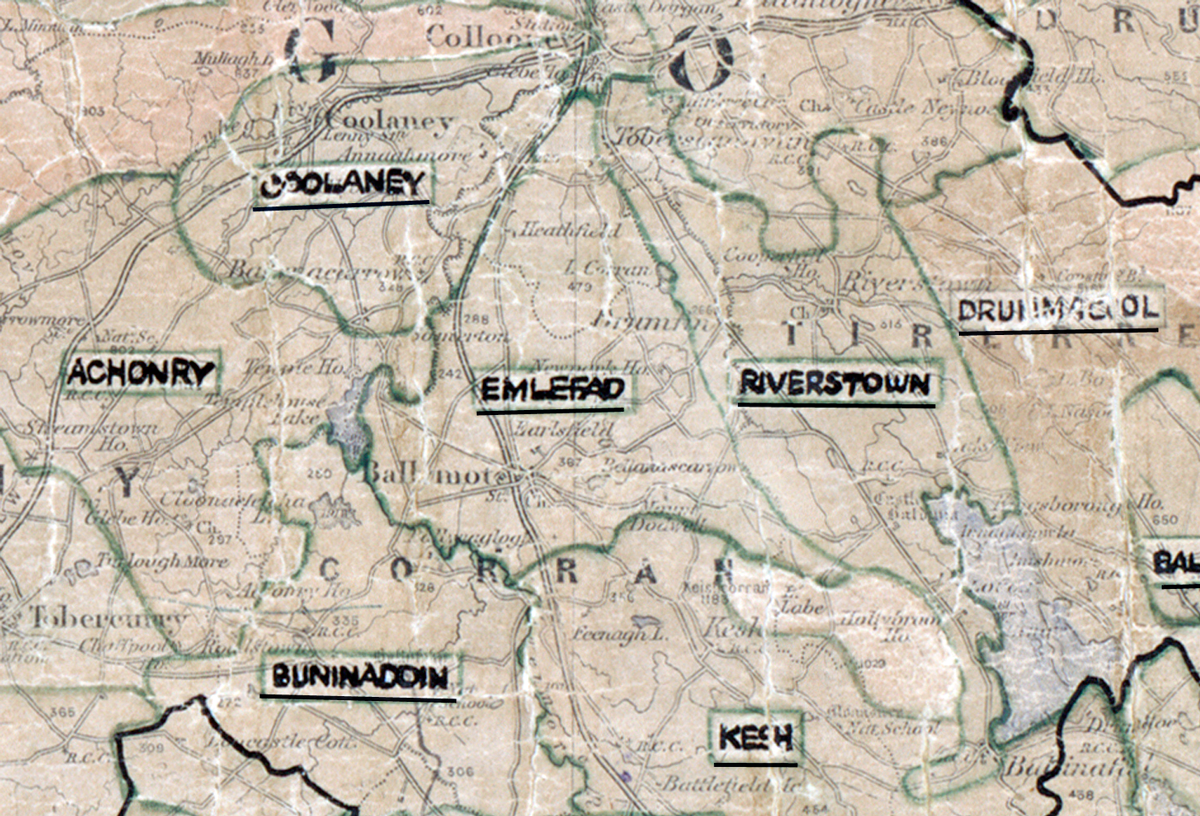 A scanned, worn historical map from the 1940s of the rural electrification area around Emlefad. A hand‑drawn boundary outlines the region, including Coolaney, Achonry, Riverstown, Buninadoin, and Kesh.