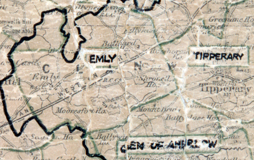 A scanned, worn historical map from the 1940s of the rural electrification area around Emly. A hand‑drawn boundary outlines the region, including Tipperary, and the Glen of Aherlow.