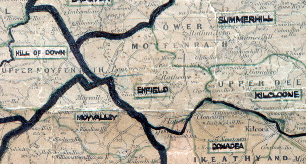 A scanned, worn historical map from the 1940s of the  rural electrification area around Enfield. A hand‑drawn boundary outlines the region, including Hill of Down, Moyvalley, Summerhill, Kilcoone and Donadea.