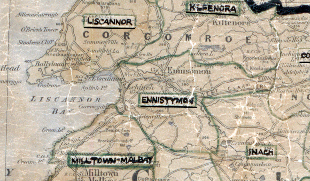 A scanned, worn historical map from the 1940s of the rural electrification area around Ennistymon. A hand‑drawn boundary outlines the region, including Inach and Liscannor.