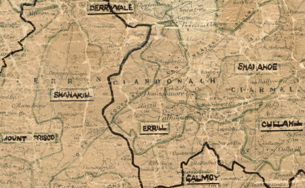 A scanned, worn historical map from the 1940s of the  rural electrification area around Enfield. A hand‑drawn boundary outlines the region, including Derryvale, Shanakil, Shanahoe, Cullahill and Galmoy.