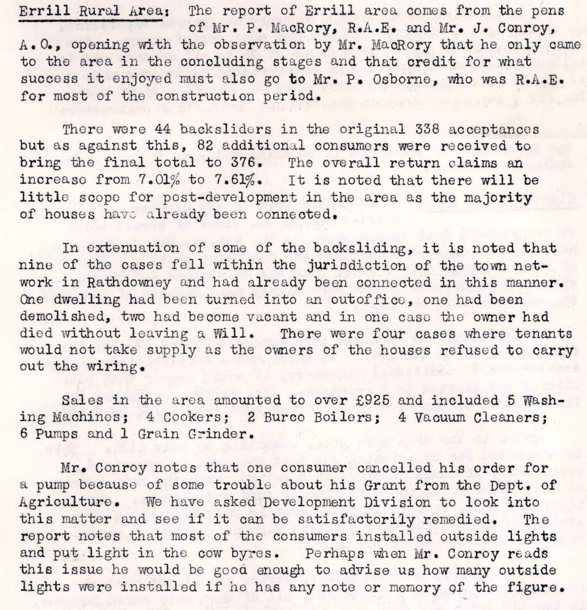 A scanned page from the ESB REO magazine about the Errill Rural Area.