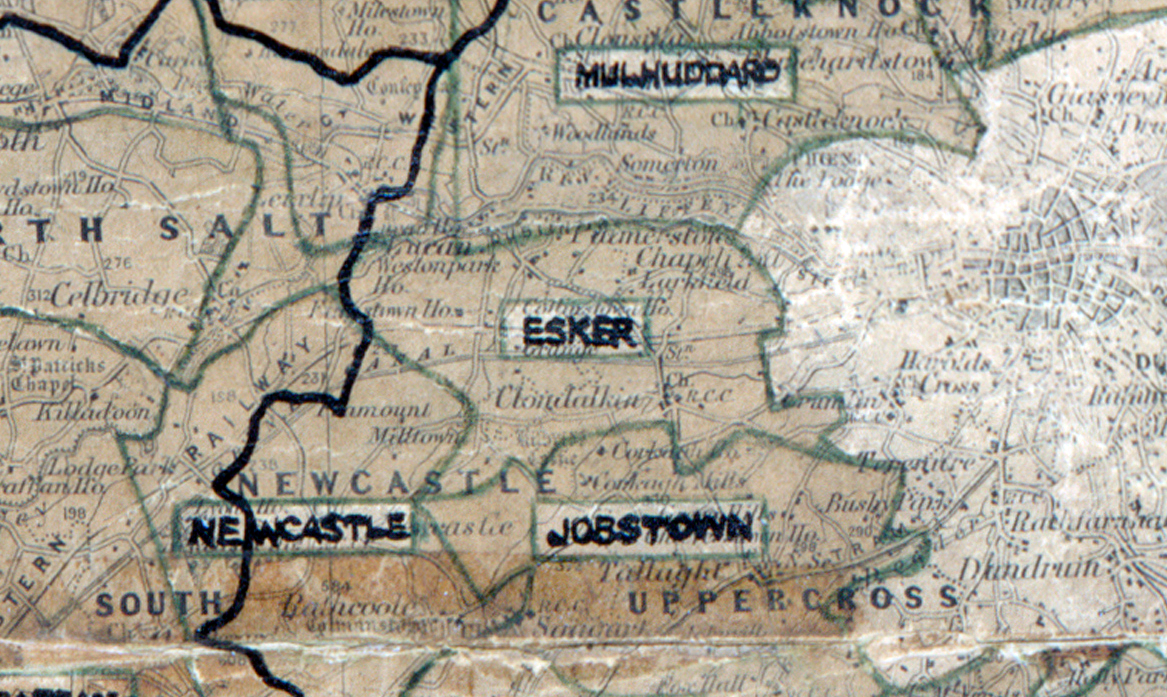 A scanned, worn historical map from the 1940s of the rural electrification area around Esker. A hand‑drawn boundary outlines the region, including Jobstown, Mulhuddart and Newcastle.