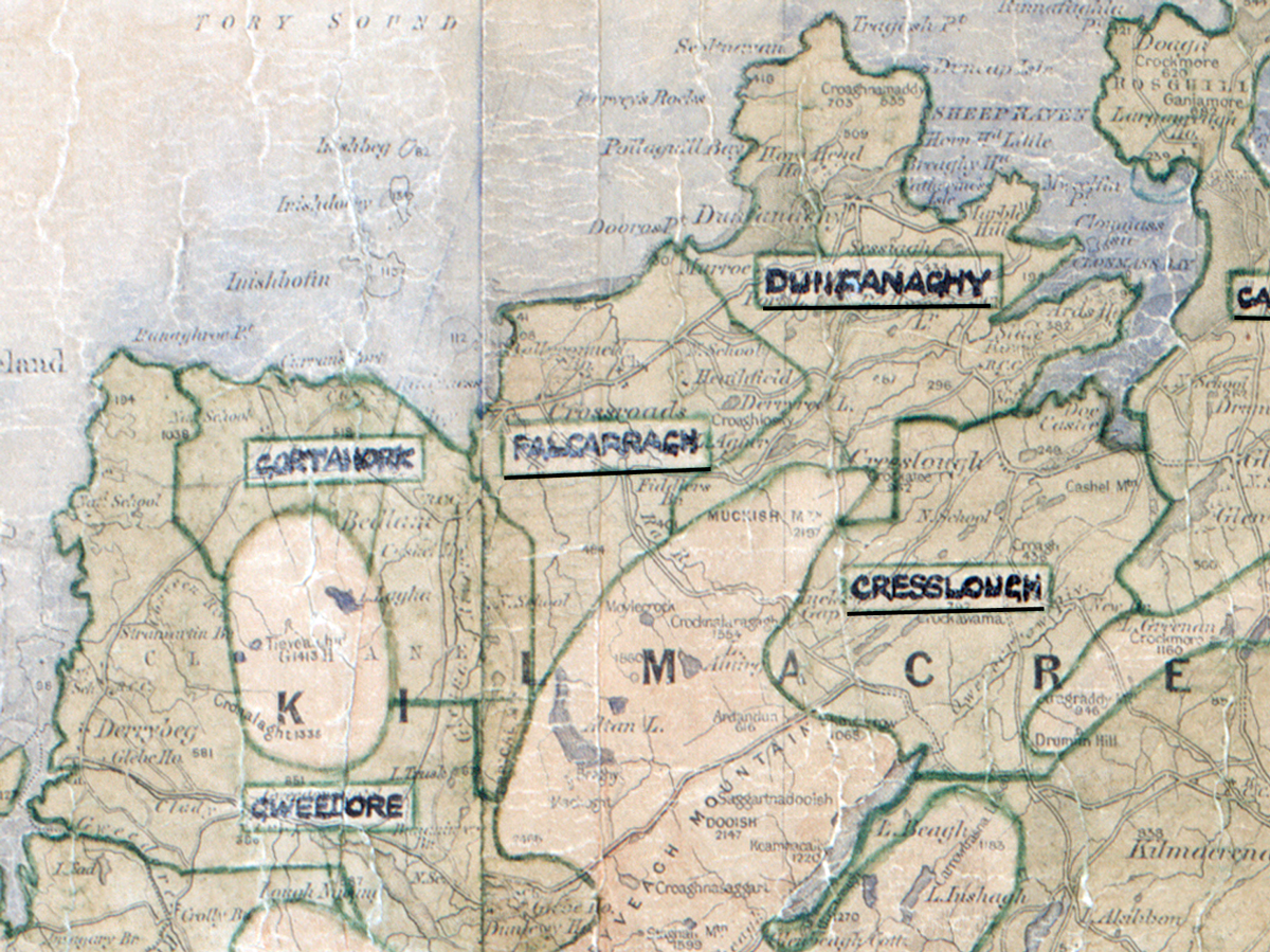 A scanned, worn historical map from the 1940s of the rural electrification area around Falcarragh. A hand-drawn boundary outlines the region.