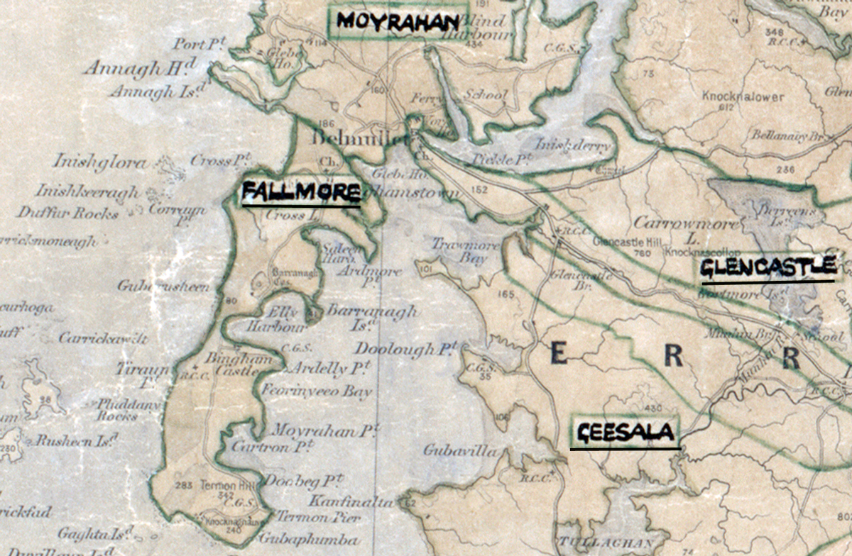 A scanned, worn historical map from the 1940s of the rural electrification area around Fallmore. A hand‑drawn boundary outlines the region, including Moyrahan, Glencastle, and Geesala.
