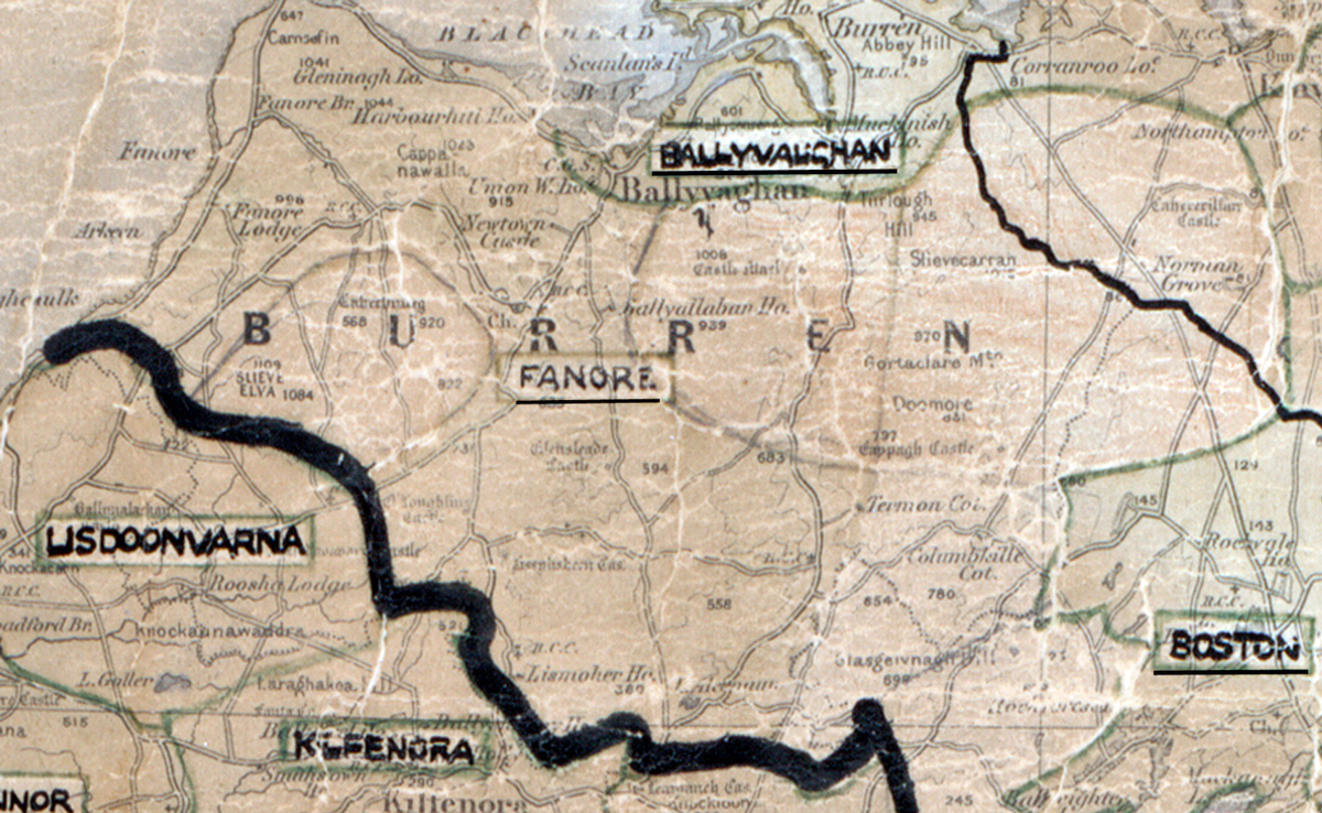 A scanned, worn historical map from the 1940s of the rural electrification area around Fanore. A hand‑drawn boundary outlines the region, including Lisdonvarna and Boston.