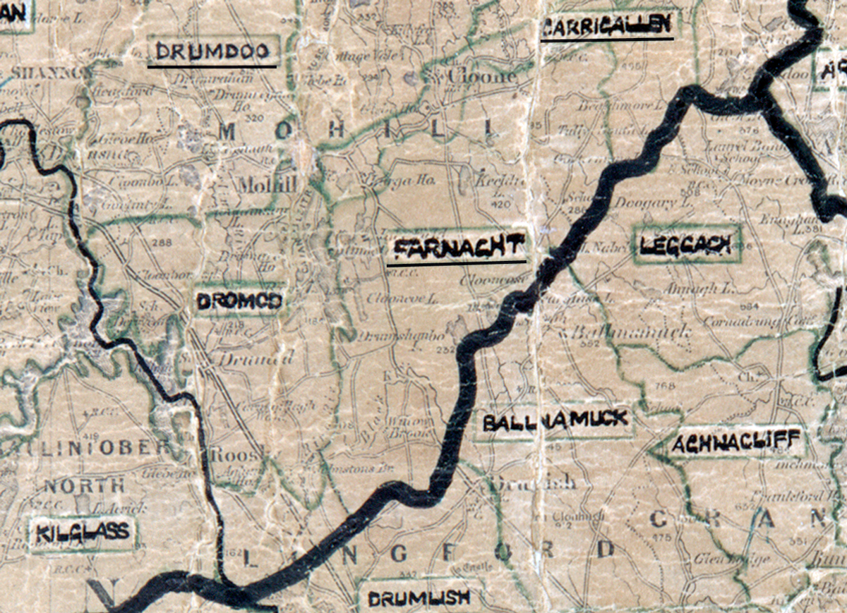 A scanned, worn historical map from the 1940s of the rural electrification area around Farnaght. A hand‑drawn boundary outlines the region, including Drumdoo, Dromod, Carrigallen, Leggacy, Ballinamuck, Aghnacliff, Drumlish, and Killass.
