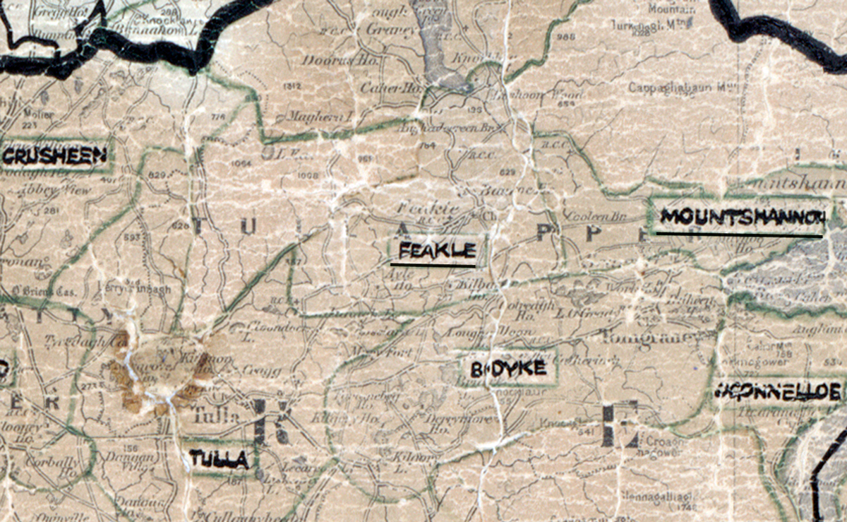 A scanned, worn historical map from the 1940s of the rural electrification area around Feakle. A hand‑drawn boundary outlines the region, including Tulla and Tulla