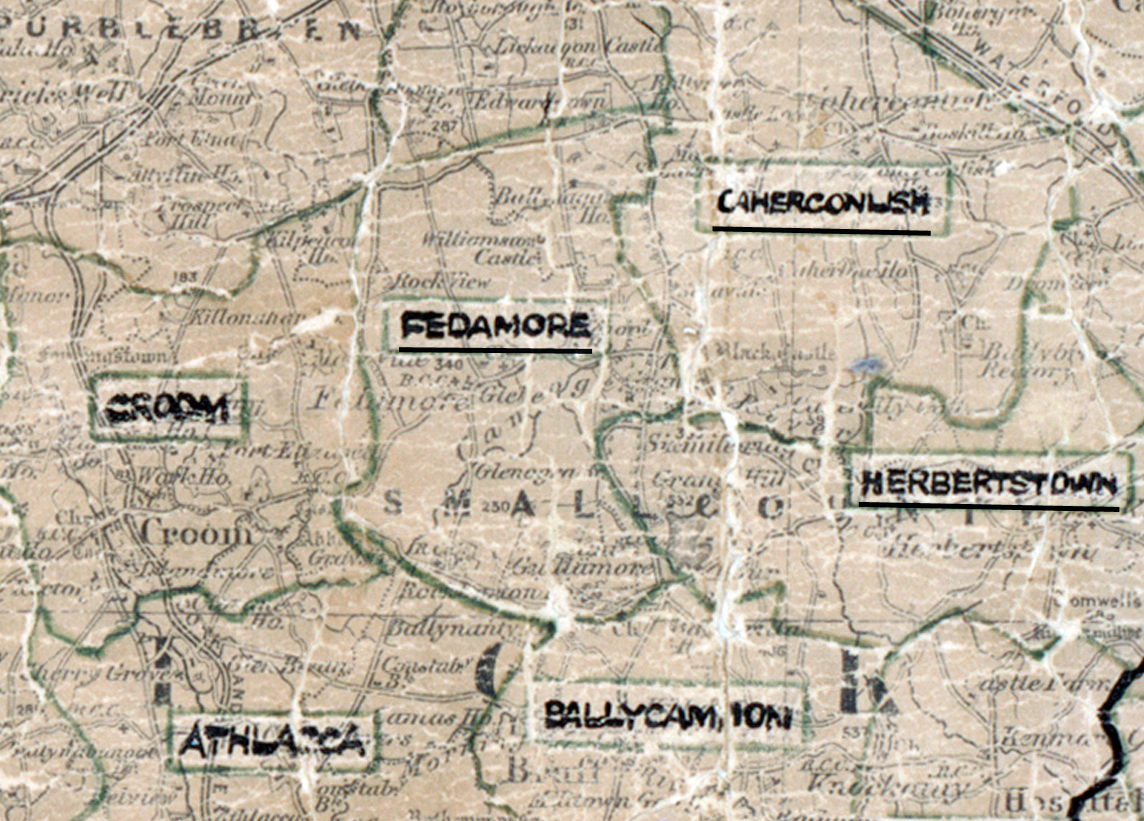A scanned, worn historical map from the 1940s of the rural electrification area around Fedamore. A hand-drawn boundary outlines the region.