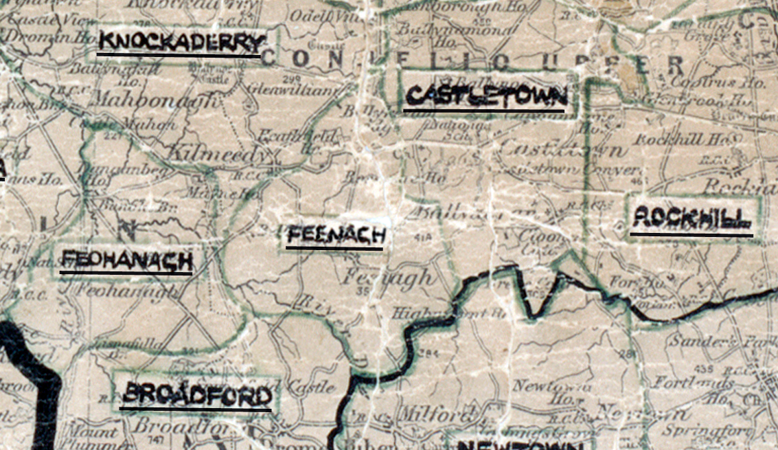 A scanned, worn historical map from the 1940s of the rural electrification area around Feenagh. A hand-drawn boundary outlines the region.