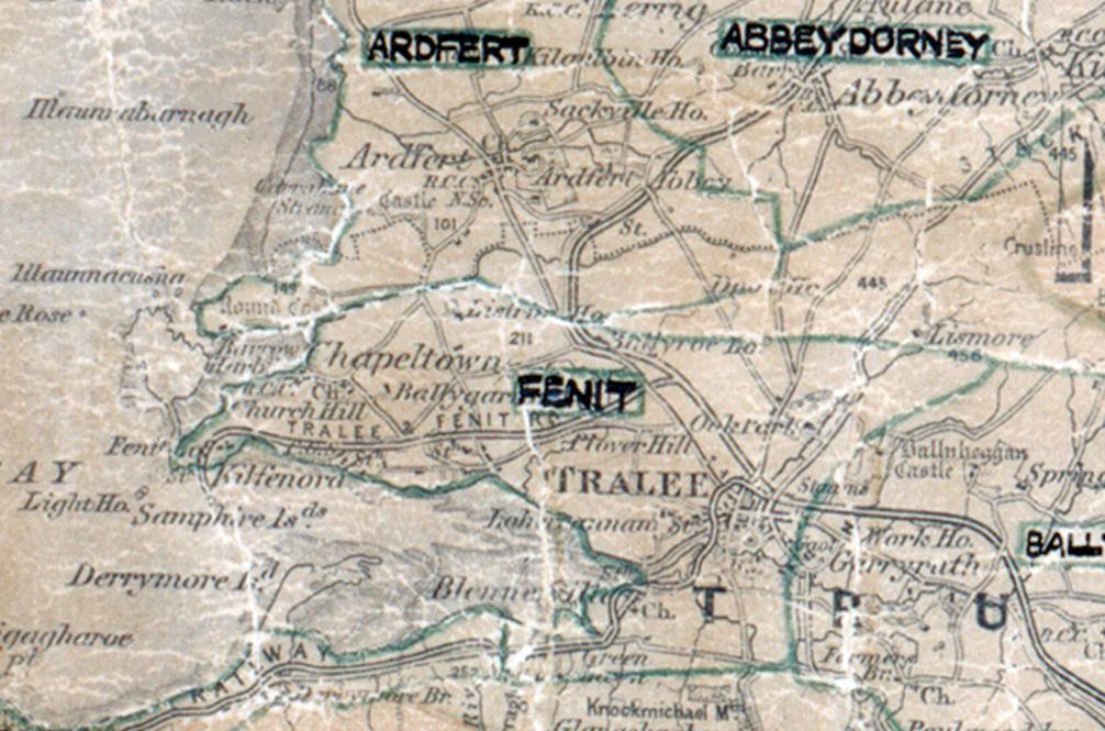 A scanned, worn historical map from the 1940s of the rural electrification area around Fenit. A hand‑drawn boundary outlines the region, including Ardfert, Abbeydorney, and Tralee.