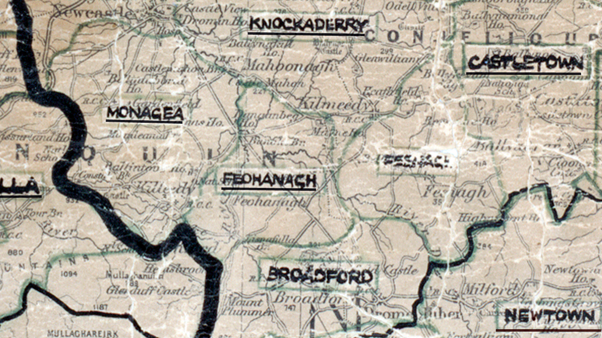 A scanned, worn historical map from the 1940s of the rural electrification area around Feohanagh. A hand-drawn boundary outlines the region.
