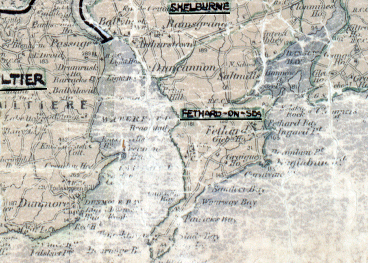 “A scanned, worn historical map from the 1940s of the rural electrification area around Feathered on Sea. A hand‑drawn boundary outlines the region, including Shelburne.