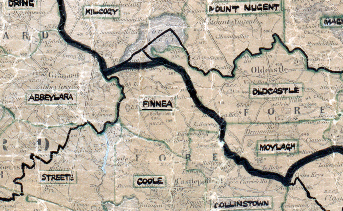 A scanned, worn historical map from the 1940s of the rural electrification area around Finea. A hand-drawn boundary outlines the region.