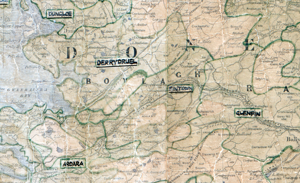 A scanned, worn historical map from the 1940s of the rural electrification area around Fintown. A hand-drawn boundary outlines the region.