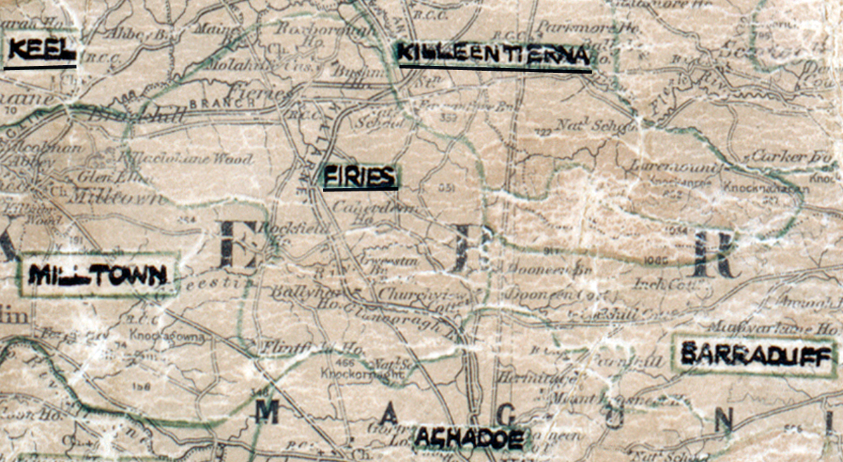 A scanned, worn historical map from the 1940s of the  rural electrification area around Firies. A hand‑drawn boundary outlines the region, including Keel, Killeentierna, Milltown, Barraduff and Aghadoe.