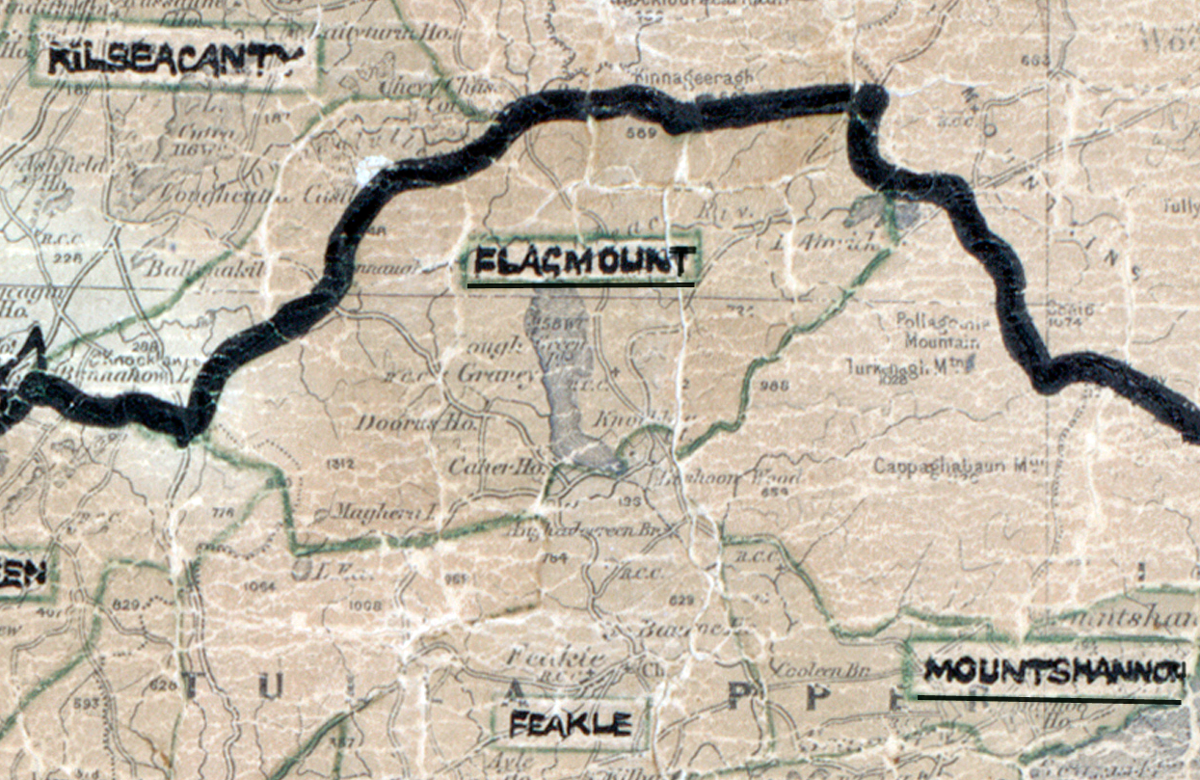A scanned, worn historical map from the 1940s of the rural electrification area around Flagmount. A hand‑drawn boundary outlines the region, including Kilsebacanty, Feakle, and Mountshannon.