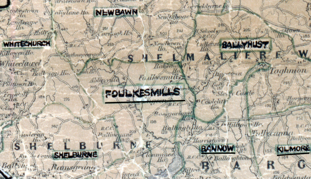 A scanned, worn historical map from the 1940s of the rural electrification area around Foulksmills. A hand‑drawn boundary outlines the region, including Bannow, Shelburne and Ballyhust.
